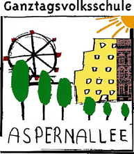 Logo der Ganztagsvolksschule Aspernalle, Riesenrad, Bäume, Gebäude und Sonne